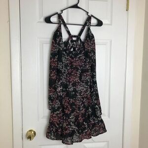 Socialite Black Floral Bell Sleeve Mini Dress Women Size XS